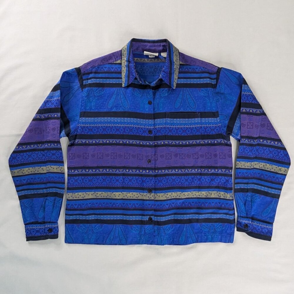 VTG Chico's Blue Purple Black Stripe Embroidery Button Front Collared Shacket